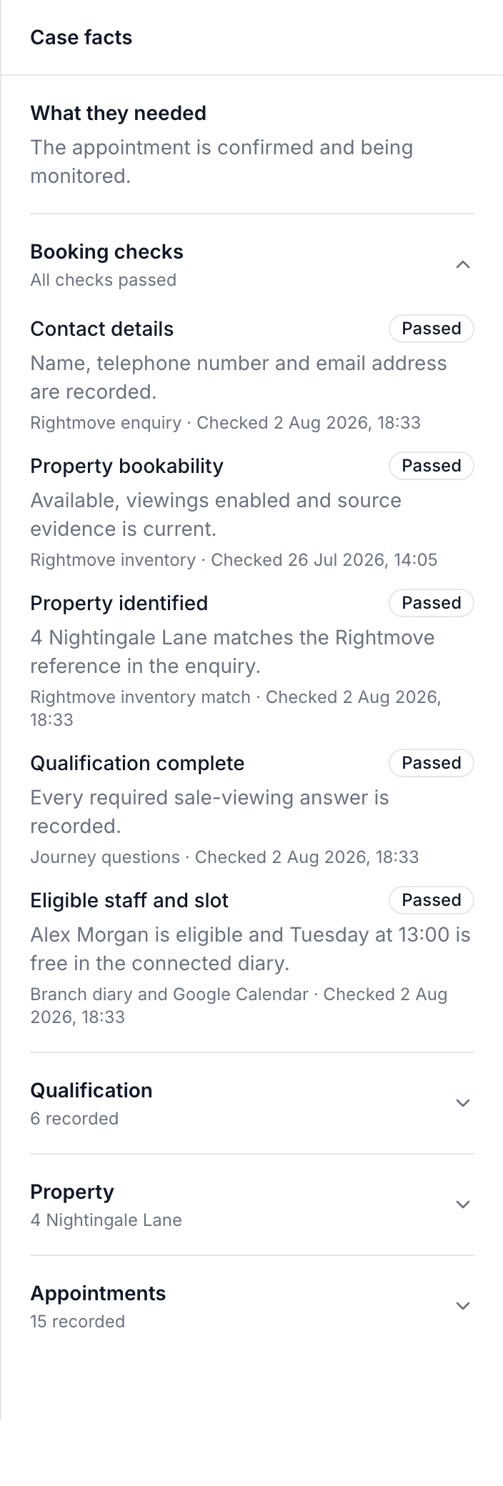 Sortx booking checks showing passed contact, property, qualification, staff and diary evidence with sources and checked times