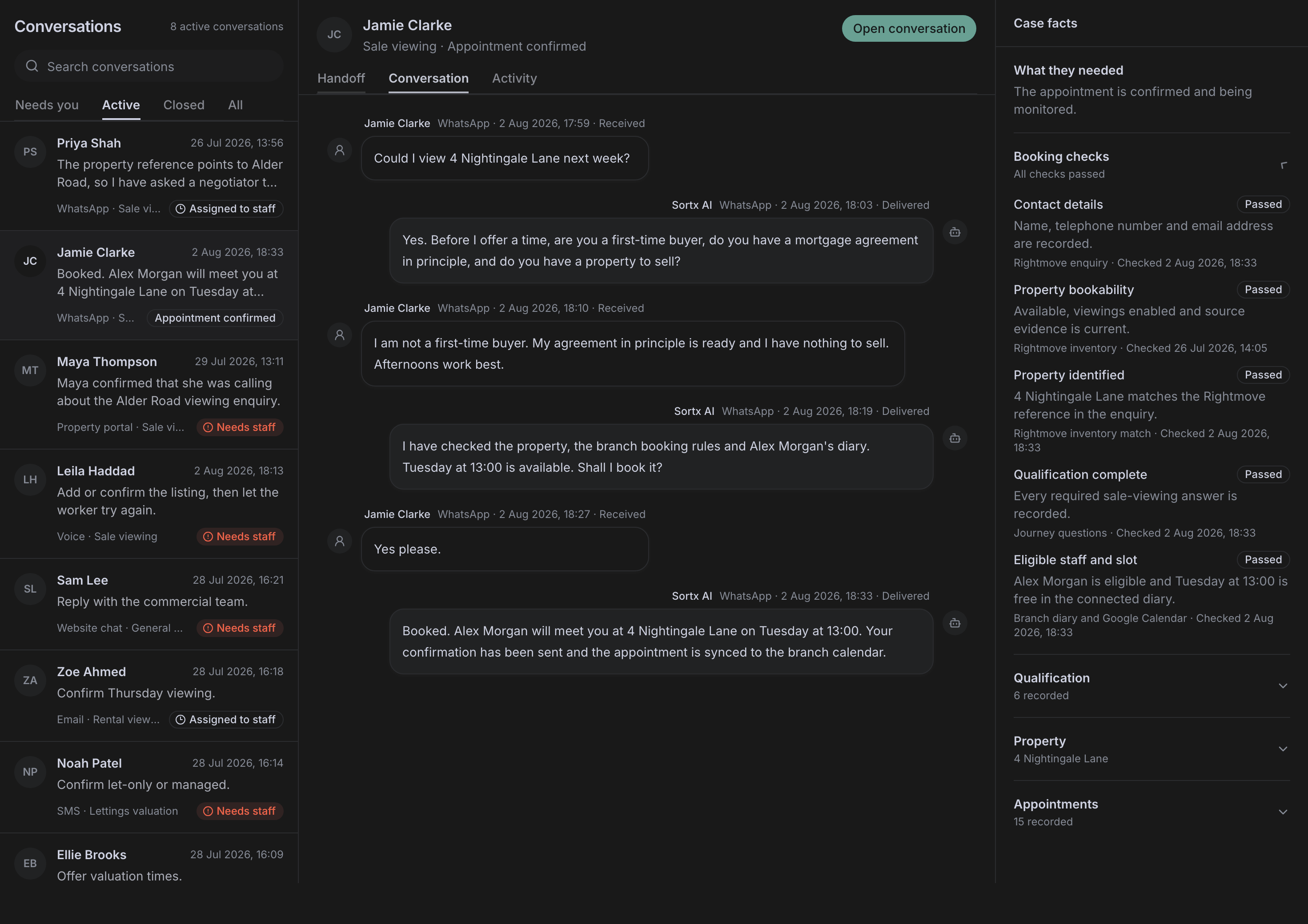 Sortx successfully qualifying and booking Jamie Clarke's viewing, with the live conversation and booking evidence visible together