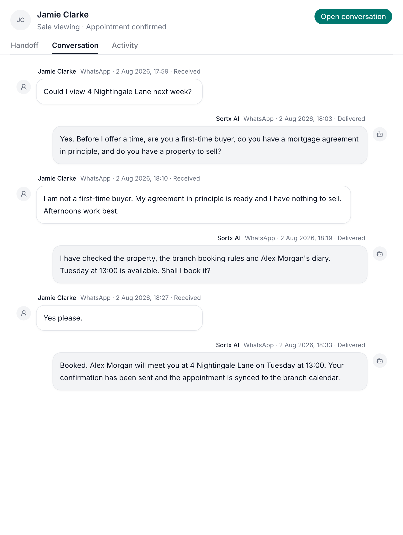 Sortx successfully qualifying and booking Jamie Clarke's viewing in a live WhatsApp conversation